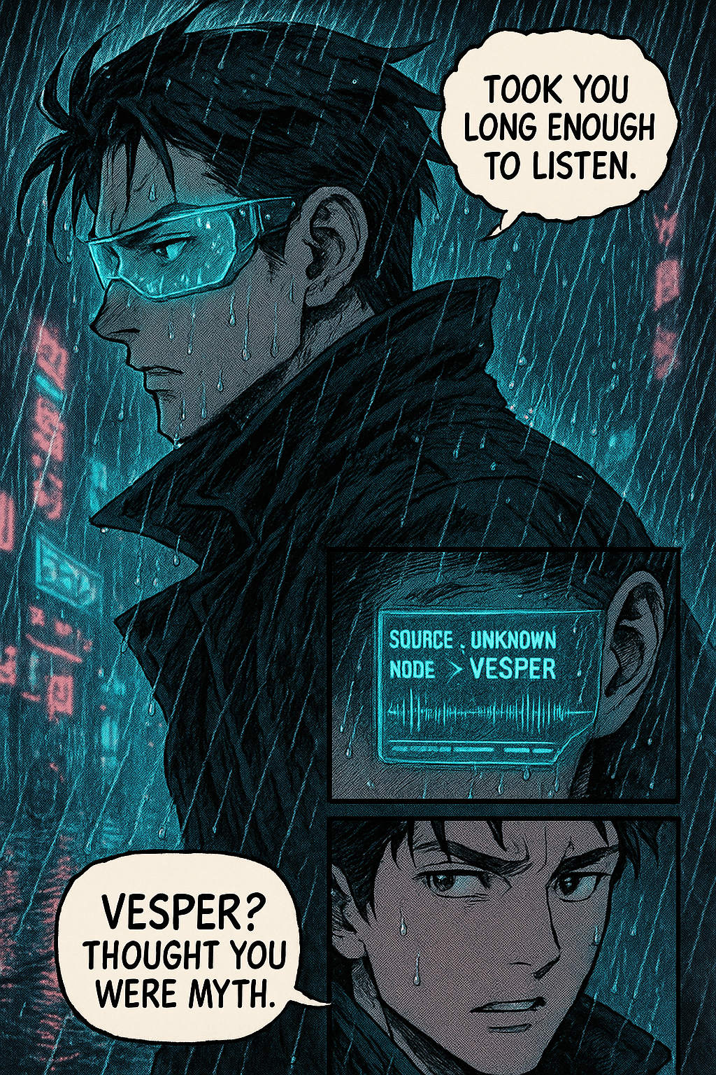 Close profile of Kaito; visor HUD reads SOURCE: UNKNOWN NODE › VESPER