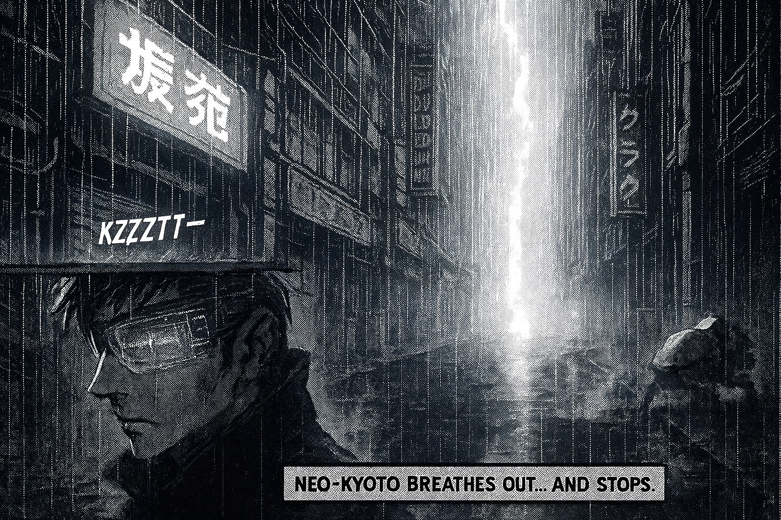 Lightning tears the alley; city freezes mid-breath